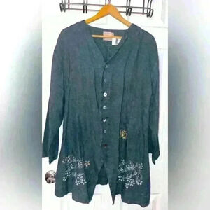 Vintage Blue Fish Handpainted 100% organic linen button down cardigan tunic